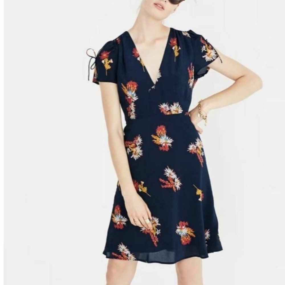 Madewell Navy Silk Dress with Floral Accents